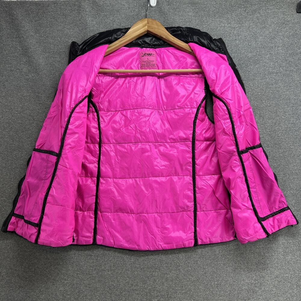 JENNI by Jennifer Moore Black Puffer Vest Large Pink Lining Full Zip Lightweight - Picture 2 of 4